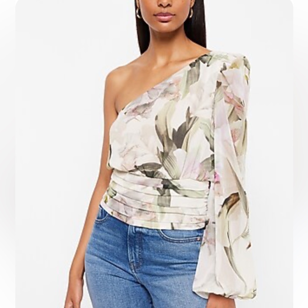 Express Floral print one shoulder pleated waist top size XS